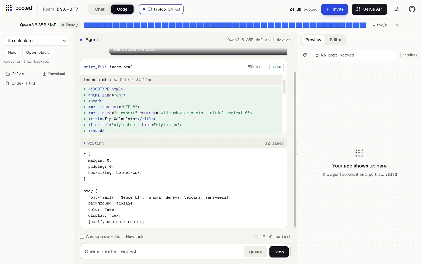 The agent's timeline: write_file index.html done with its diff, and the next file, style.css, being written