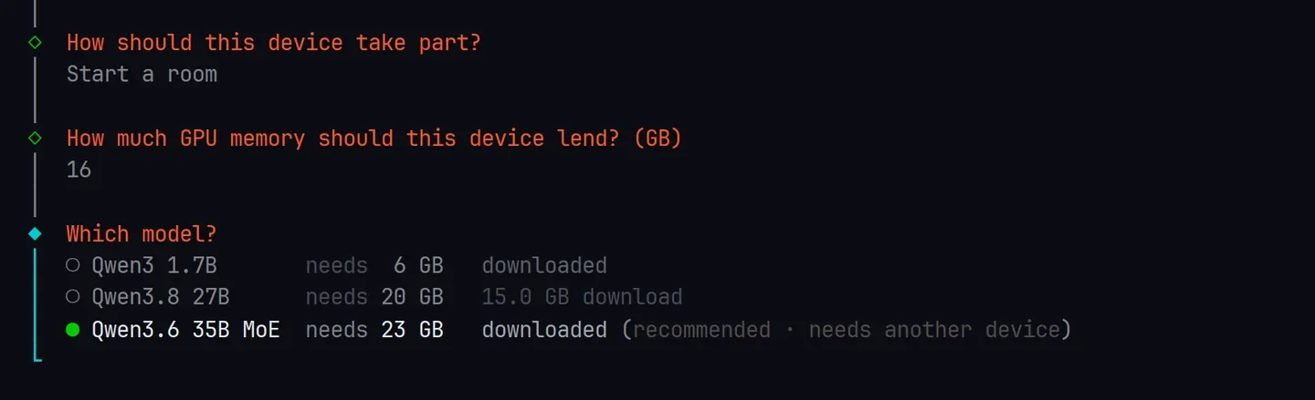 Lend 16 GB, then Which model?: Qwen3.6 35B MoE, needs 23 GB, downloaded, recommended, needs another device