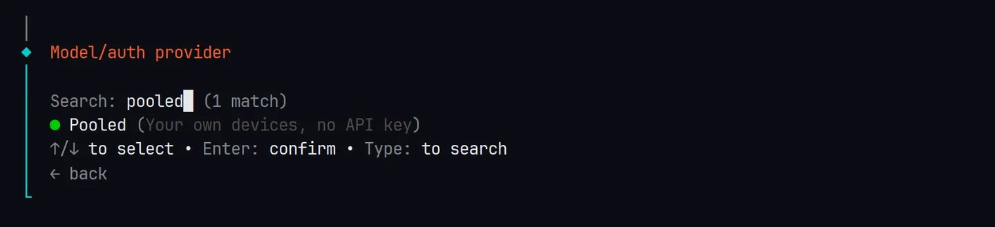 The provider search: pooled, 1 match, Pooled (Your own devices, no API key)