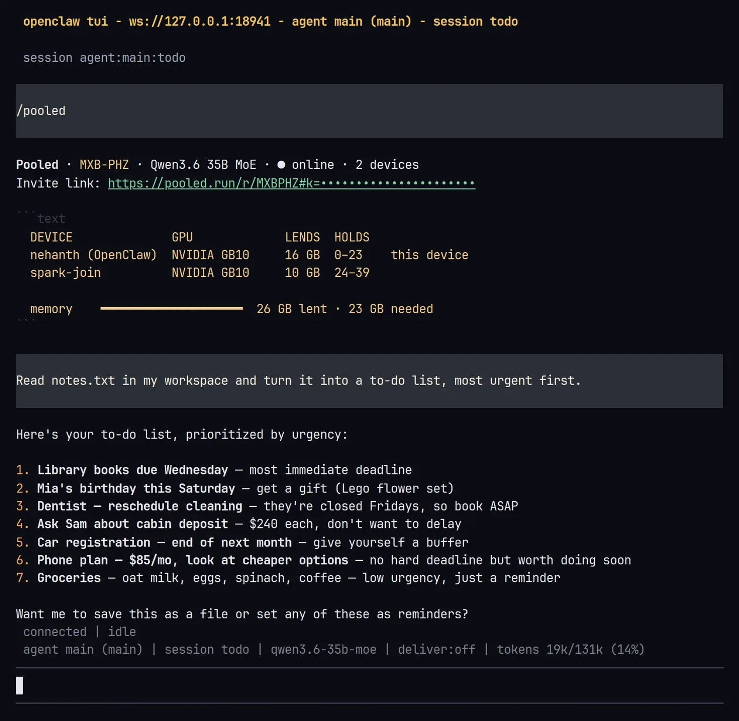 The TUI: /pooled shows the room online, then the task and a numbered to-do list, most urgent first