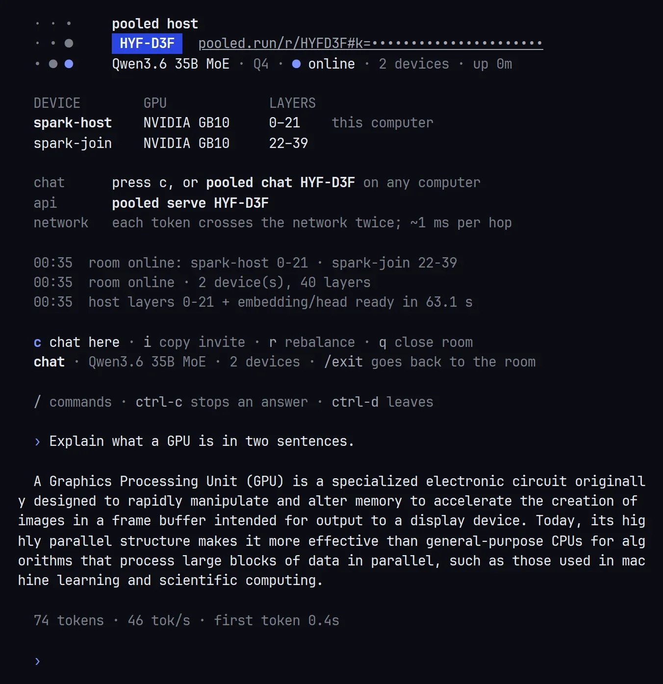 Chat under the room screen: a question, the answer, and 74 tokens at 46 tok/s